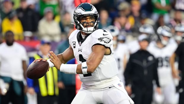 Sep 10, 2023; Foxborough, Massachusetts, USA; Philadelphia Eagles quarterback Jalen Hurts (1) throws a pass against the New England Patriots during the second half at Gillette Stadium. Mandatory Credit: Eric Canha-USA TODAY Sports  